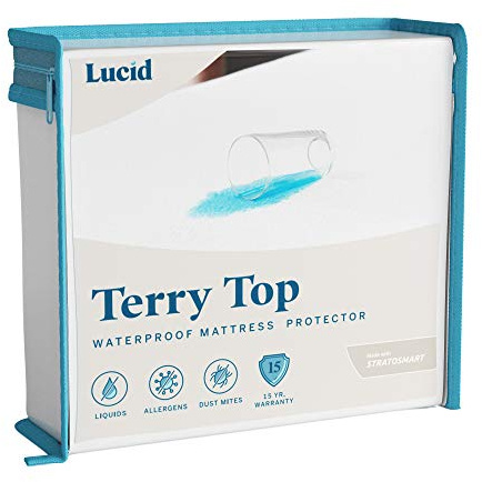 LUCID Premium Waterproof Mattress Protector, Queen Size – Fitted Sheet Style, Machine Washable – Cotton Terry Top Cover – Dorm Room Essential – White