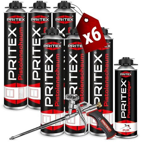 PRITEX Bauschaum Set, 6x 750ml Pistolenschaum, 1x Reiniger, Schaumpistole