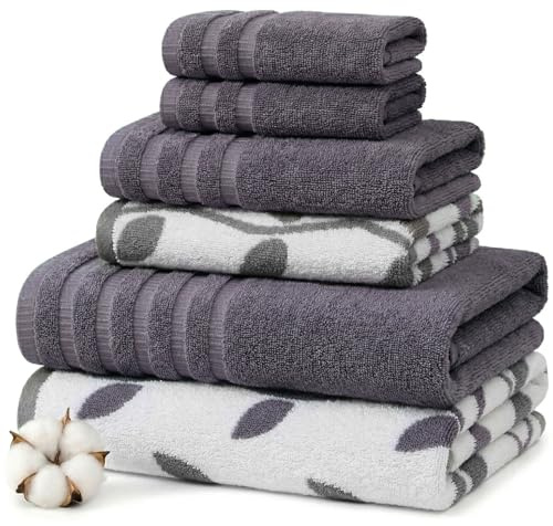 Modern Threads Organic Vines 6-Piece 100% Cotton Towel Set – Yarn Dyed Jacquard & Solid – Includes 2 Bath Towels, 2 Hand Towels, 2 Washcloths – Absorbent, Quick Dry, Soft & Durable – Lavender