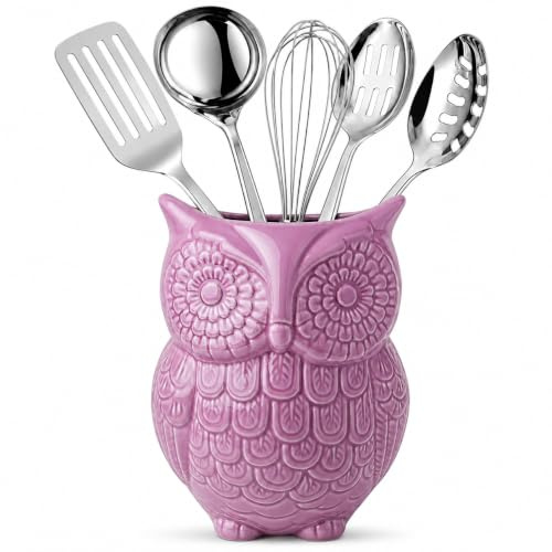 Portautensili da gufo Comfify - Crock & Organizer da cucina in ceramica decorativa, in un bel colore viola - Utensili da cucina e regalo perfetto in ceramica da cucina – 12.7cm x 17.78cm x 10.16cm