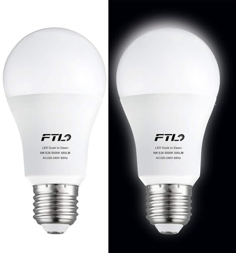 FTL Dusk to Dawn Light Bulb LED 9W (60W Equivalent) Cool White 5000K E27 Outdoor Sensor Light Bulb for Porch, Garage, Garden,Pathway 2-Pack