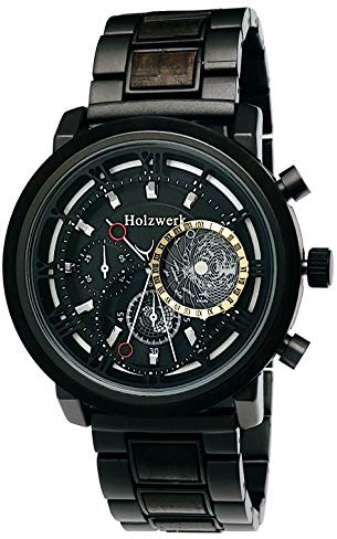 Holzwerk Germany Handgefertigte Designer Herren-Uhr Öko Natur Holz-Uhr Chronograph Armband-Uhr Analog Quarz-Uhr Braun Schwarz Römische Ziffern Datum Holz Ziffernblatt (schwarz.braun.)