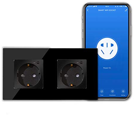 CNBINGO WLAN Schuko Steckdose Unterputz, Glas Smart Doppelsteckdose | Arbeit mit Alexa(Echo, Echo Dot), Google Assistant, APP Steuerung, Nur 2.4 GHz WiFi, 2 Fach, Schwarz