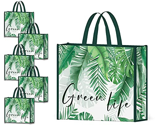 NymphFable 5 Pcs Tote Bag Reutilizables Verde Hojas de Palma Bolsas para Comestibles Grande Bolsa Compra