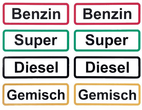 Hochwertige Kraftstoff Aufkleber: Benzin, Super, Diesel & 2-Takt Gemisch, 8 Stück