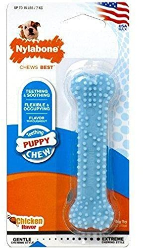 Nylabone, Kauknochen für Welpen und Zahnpflege-Spielzeug für zahnende Welpen, Wohltuender Kauknochen, für extra kleine Welpen bis 7kg, für sanft kauende/zahnende Hunde, Hähnchengeschmack, Blau