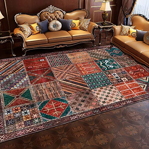 KeletiRug Moderner Rechteck Teppich Weicher Kurzflor Designer Teppich rutschfest Waschbar Teppich Geometrische Quadrate Patchwork Dunkelrotbraun, 140 x 200 cm