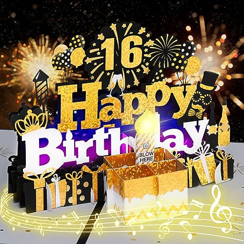 Geburtstagskarte zum 16., musikalische Geburtstagskarte mit ausblasbarer Kerze, „Happy Birthday“-Lied, Kuchen-Pop-up-Grußkarte für Frauen, Männer, Kinder, Ehemann, Ehefrau, Mama, Papa, Tochter