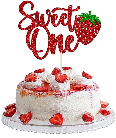 Gyufise Strawberry 1st Birthday Cake Topper Glitter Sweet One First Birthday Cake Pick Decoration for Sweet Fruit Theme Baby Shower Kids Party Supplies Red