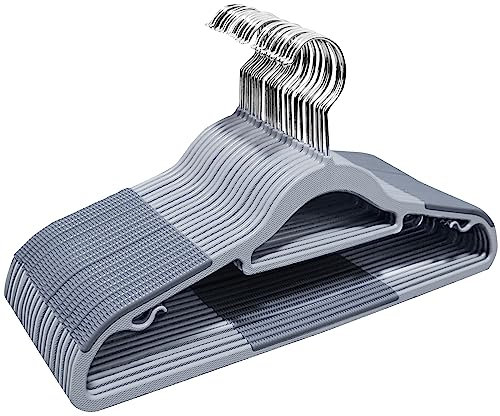 ABHENG 20 Stück Kleiderbügel, Rutschfester Kunststoffbügel, Platzsparender Bügel, 360° Drehbarer Haken, Dicke 0,5 cm, 42 cm lang, für Mäntel, Kleider, Hemden, Grau + Silber, APY0320G
