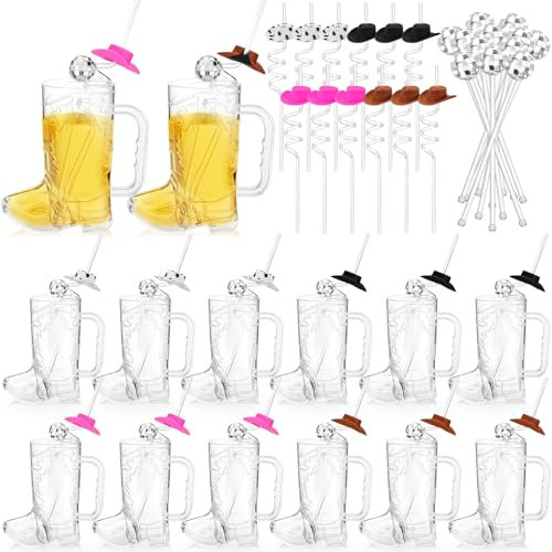 Ziliny 36 Pcs Cowboy Boot Glasses Bulk, 12 Cowboy Drink Mugs 12 Cowgirl Hat Straws 12 Mirror Disco Ball Stirrers for Western Theme Party Bachelorette Birthday Decorations(Clear)