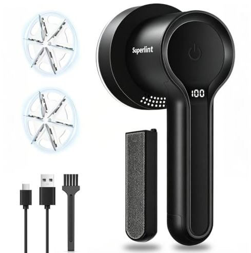 Super LINT Afeitadora eléctrica de Tela, Cepillo electrostático, Pantalla LED, 3 velocidades, afeitadoras Recargables para Quitar Bolitas para Ropa, sofá, Muebles, Color Negro