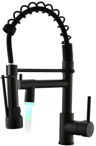 AIMADI LED Wasserhahn Küche Küchenarmatur mit 360° Schwenkbar mit Spiralfeder Herunterziehen Brause Ausziehbar Mischbatterie Küche Spültischarmatur Armatur Schwarz