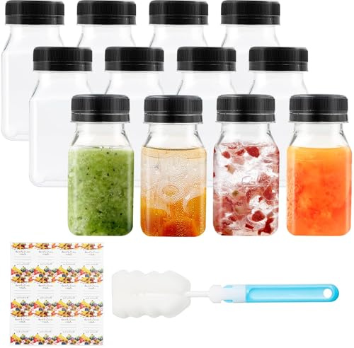 Mooshy 12 Piezas Botellas de Plástico 120ml, Botella Plastico Reutilizable con Tapa, Botellas Pequeñas para Rellenar con Cepillo Botellas Plastico para Bebidas Lácteas Smoothie Juice
