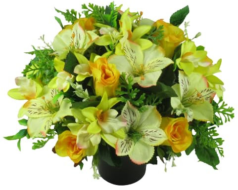 Artificial/Silk Flower Grave Fower Arrangement in Grave Pot, with Yelllow Roses, Alstromeria and Orchids - long lasting outdoor grave arrangement