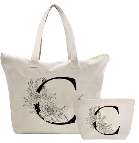 Toozen Personalizadas Bolso Tote de Mujer con Inicial, Bolsa de lona con Bolsillo Interior, Bolsa de Compras con Bolso de Cosméticos, Regalos para Damas Mejor Amigas Mamá, Regalo Cumpleaños Navidad C