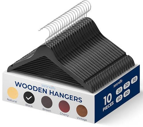 SereneLife Wooden Hangers 10 Pack, Non-Slip, Sturdy, Heavy Duty Suit Hanger Set with 360° Chrome Swivel Hook, Space-Saving Wood Hangers Closet Organizer for Clothes, Coat, Pants, Dress (Black)