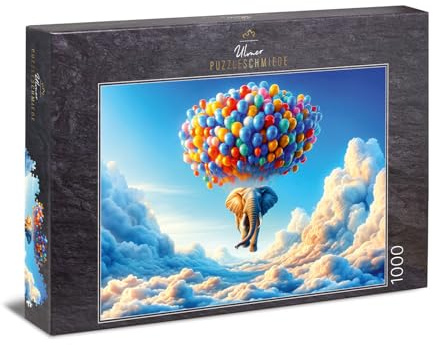 Ulmer Puzzleschmiede - Puzzlemotiv „Schwerelos“ - originelles 1000 Teile Elefanten-Puzzle voller Fantasie - der Elefant schwebt federleicht an bunten Luftballons - Puzzle Made in Germany
