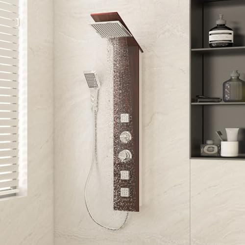 qohoio Shower Panel System Glass Brown,Shower Panel Column Tower Multiple Function,Waterfall Rainfall Shower Head Body Jets Handheld Shower and Bath Spout Wall Mounted Shower System