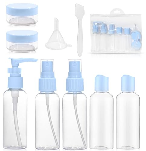 bellmeanin 9 Pcs Travel Bottle for Toiletries Set 50 ML (Blue) | Refillable Small Mini Empty Plastic Pump Bottles, Spray Bottles Squeeze Bottles, With Funnels, With Storage Bag