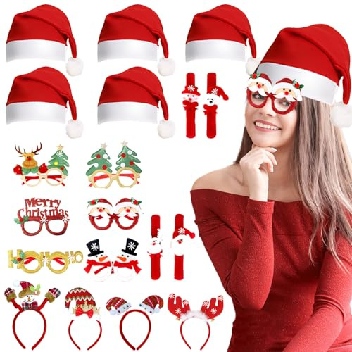 SERTAS Weihnachts Accessoires,Fotobox Accessoires Weihnachten,Weihnachtsbrillen Weihnachtsmützen Weihnachts Haarreif Weihnachts Haarschmuck für Gastgeschenke Weihnachten (Rot 4) (Rot 2)