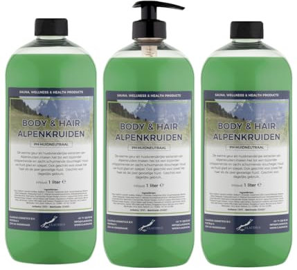 Body & Hair Alpenkräuter 1 Liter - transparent - 3er Set - mit Gratis Pumpe - 2 in 1 für Körper und Haar