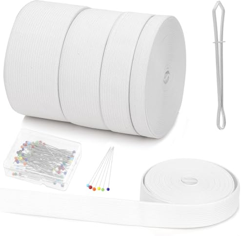 Swpeet 4 rollos de 20 metros de ancho blanco, 10 mm, 20 mm, 30 mm, 40 mm, goma elástica e hilo elástico de aguja con cabezal de cristal de costura, cada 5,5 yardas de costura Heavy Stretch para