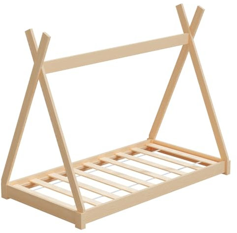 HAGO24 | Kinderbett | 140x70cm Natur | Tipibett | Holz Kiefer | Montessori | Bettgestell | Tipi Zelt | Lattenrost | Belastbar | Dekorierbar | Spielbett |