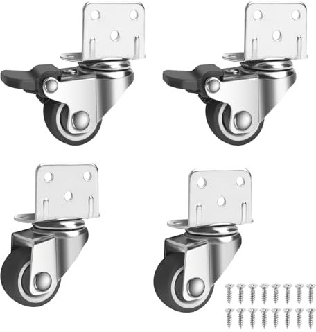 Set di 4 Rotelle per Mobili, 25 mm Ruote Girevoli con Piastra di Montaggio a L, Ruote in Gomma Pesanti con Cuscinetti per culle e mobili, supporto per fiori, Carico Massimo 44kg (2 standard+2 freni)