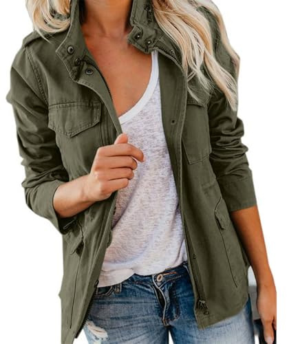 KIHFSODN Womens Cargo Jackets Outdoor Military Combat Cotton Casual Work Utility Safety Anorak Field Safari Parka Jacket Multi-Pocket Lightweight Practical Fall Transitional Jackets(Green,S)