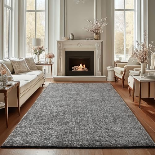 Carpettex Chenille Teppich Baumwolle Grau 240x340 cm Boho-Stil, Vintage Kelim, Waschbar, Kurzflor, rutschfest & Weich, Einfarbig Meliert, Für Wohnzimmer, Schlafzimmer, Büro & Küche