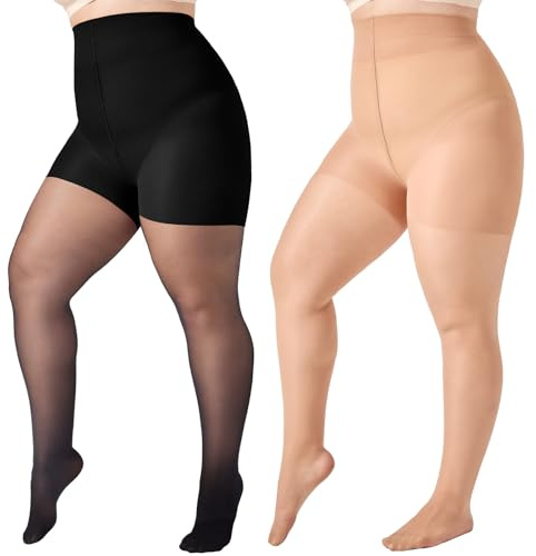 WiliW Bauchweg Strumpfhosen Damen Große Größen Shape Feinstrumpfhose Damen Kompressionsstrumpfhose Hoch taillierte stützstrumpfhosen 2 Paar
