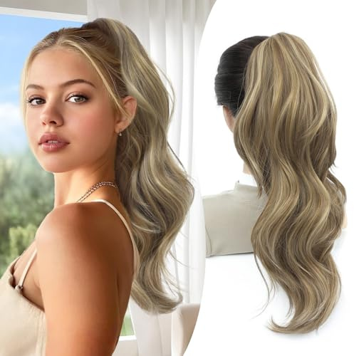 FINE PLUS 20inch Ponytail Extension Curly Wave Layered Claw Clip in Ponytail Hair Extensions for Women Light Brown with Blonde Highlights Fake Pony Tail Hair Hairpieces for Daily Party Use
