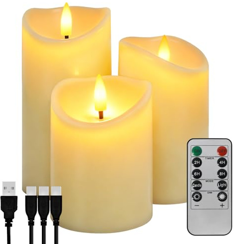 Dixmas LED Kerzen Aufladbar 3er Set mit Fernbedienung | LED Stumpenkerzen USB-C Wiederaufladbar Elektrische Kerzen Flackernd mit Timer für Zimmer Halloween Garten Weihnachten Deko
