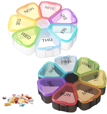 2 Stück Tabletten Box 7tage, Tablettenbox 7 Tage Rund, Unabhängiges Fachdesign, Klare Wochenmarkierung, Transparent und Sichtbar, Versiegelt und Feuchtigkeitsbeständig, Kompakt und Tragbar