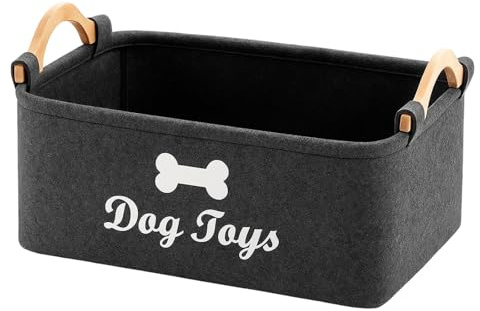 Dog Toy Basket, Foldable Felt Dog Toy Storage Box with Handle, Large Puppy Toy Box for Travel, Vet Visits and Home Use, 38 x 25 x 18 cm, Dark Grey