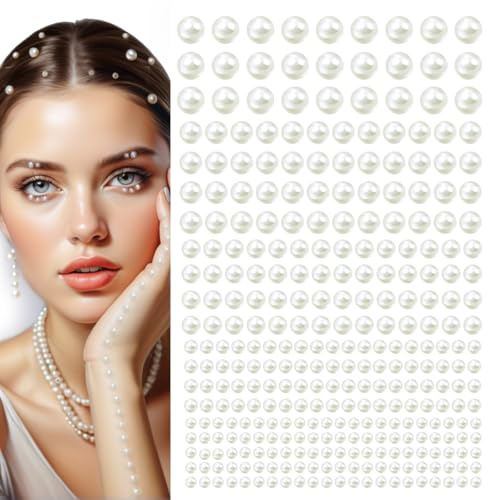 qiipii 4 Sheets Beige White Flatback Pearls Stickers Self Adhensive Ivory White Half Pearls Stick On Jewels 3/4/5/6/8mm Multi Sizes Gems Stick on Charms for Nails Face Eyes Hair Makeup Clothing Crafts