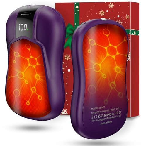 Chauffe-Mains Rechargeable 10000mAh Double Face, Chauffage Rapide 2 Secondes, 5 Niveaux de Température, Lampe Torche LED - Paquet de 2, pour Camping, Maladie de Raynaud, Hiver