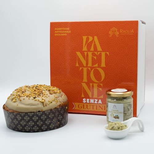RACILIA Panettone Artigianale al Pistacchio SENZA GLUTINE | Lievitazione Lenta 36h con Lievito Madre | Crema Spalmabile al Pistacchio 200 g in Omaggio | 600 g