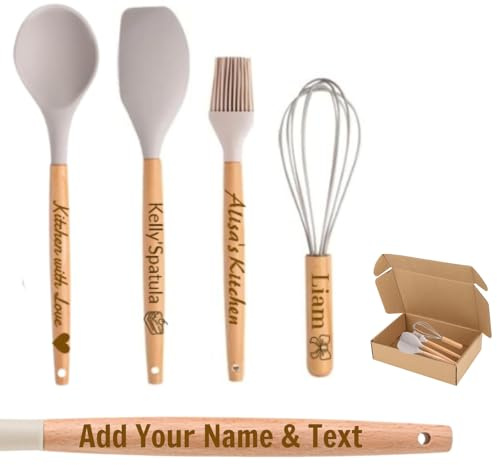 Personalised Silicone Kitchen Utensil Set 4-Pcs with Kraft Box - Custom Engraved Name Text Spatula, Egg Whisk, Soup Ladle, BBQ Brush - Unique Wedding, Birthday Gift for Mum, Dad, Home Chefs