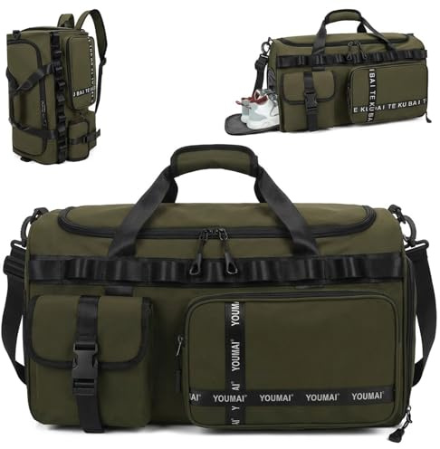 Sporttasche Reisetasche für Damen und Herren, Groß 65L Sporttaschen mit Schuhfach & Nassfach, Large Capacity Reise Tasche Gym Bag, Travel Schwimmtasche Übernachtung Tasche (Armeegrün)