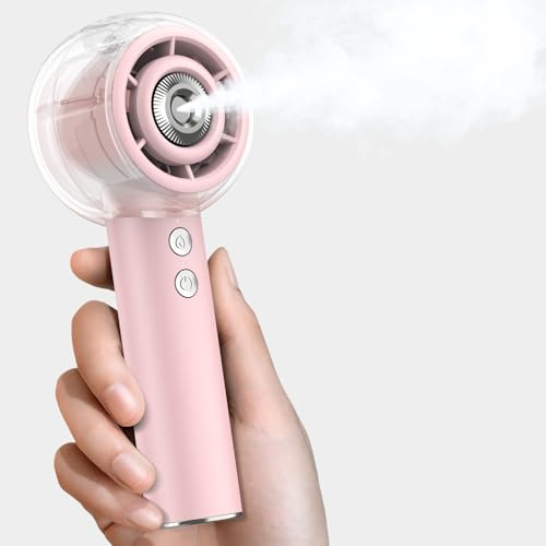 Dnenellr Ventilador Portátil con Nebulizador, USB Recargable (Rosa) | ventilador de mano Niebla Fina, Motor Turbo 15000RPM, 4 Velocidades, Batería 6000mAh, para Viaje, Playa, Camping y Exterior