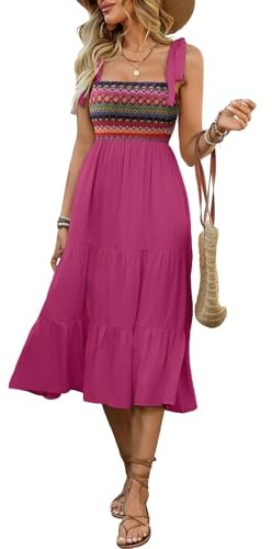 KUNJLELP Vestidos Casuales para Mujer Vestido Boho de Verano con Tirantes de Lazo Vestido Midi A-Line con Busto de Punto Étnico Vestido de Playa y Vacaciones,Púrpura,L