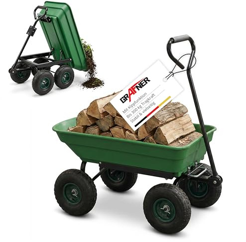 Grafner Gartenwagen mit Kippfunktion, belastbar bis 300 kg, 75 Liter Kunststoffwanne und Lenkachse, Luftbereifung, Transportwagen Gartenkarre Dumper Handwagen Schubkarre Bollerwagen