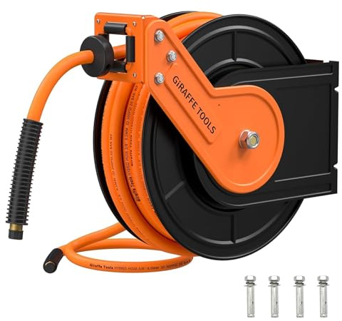 Giraffe Tools Retractable Air Hose Reel, 3/8 Hybrid Hose, Air Compressor Heavy Duty Steel Reel Auto Rewind 300PSI, Wall Mount, 50ft