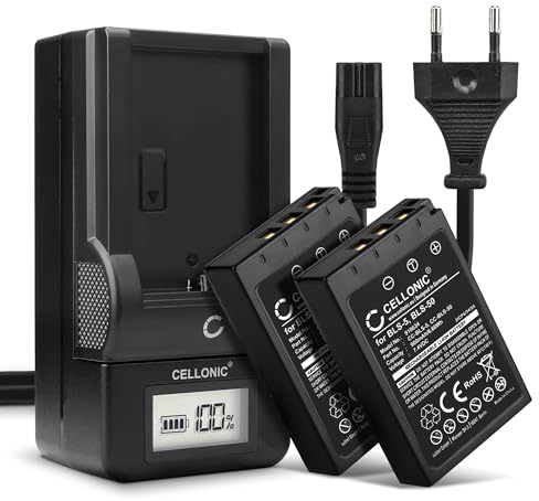 CELLONIC 2X Akku kompatibel mit Olympus E-450, E‑P3, E-P7, Pen E-P3, BCS-1 | + Ladegerät (1000mAh-7.4V-Lithium-Ionen) für Olympus OM System OM-5, Pen E-PL1, E-PL10, E-PM1, E-PM2, Stylus 1, 1s, BCS-5