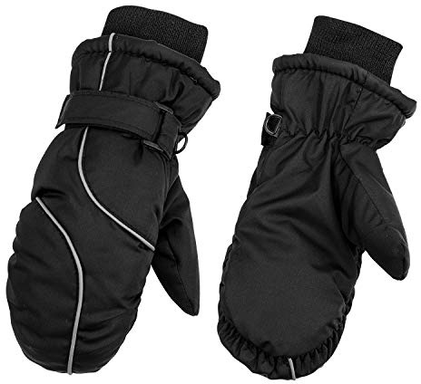 Kids Ski Gloves Waterproof Thermal Winter Snow Snowboard Mittens Warm Dinosaur Pattern Fleece Lined Gloves for Skiing Snowboarding Toddler Girls Boys Age 4-8 Years Old (Black)