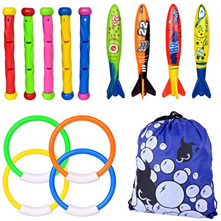 Diving Pool Toys, Sinkies for Kids Swimming Underwater Diving Toys Set Includes 5 Pcs Diving Sticks, 4 Pcs Torpedo Bandits, 4 Pcs Diving Rings, Fun Swimming Toys for Pool