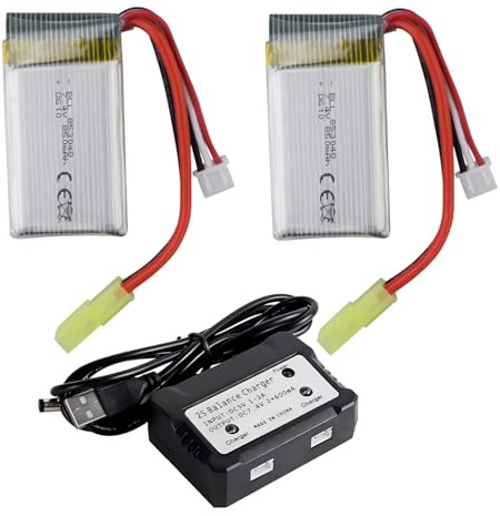ZYGY 2pcs 7.4V 850mah Lithium Batterie & 2in1 Ladegerät für 9300 9301E 9302E 9303E 9034E 9305E 9310 9201E 2.4G 1:18 Anteil Fernbedienung Allradantrieb Hochgeschwindigkeits-Offroad RC Auto