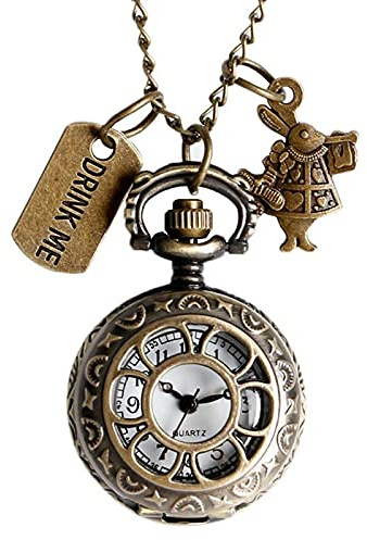 Akopiuto Alice nel Paese delle Meraviglie Orologio da tasca al quarzo Collana con ciondolo in vetro marrone scuro Regali per donne Ragazze 4